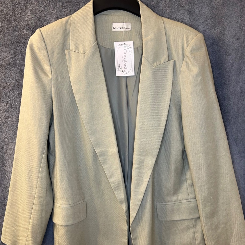 Womens NEW Linen Blend Beige Sage Oversized Blazer Medium Jacket Coat